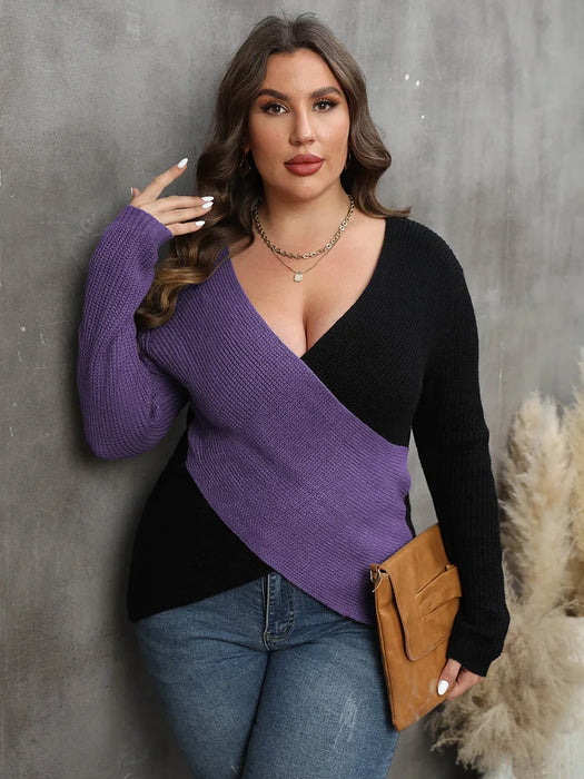 GIBSIE Plus Size Colour Blocking Deep V-Neck Sexy Sweater Women 2023 Autumn Winter Long Sleeve Office Ladies Knitted Jumper
