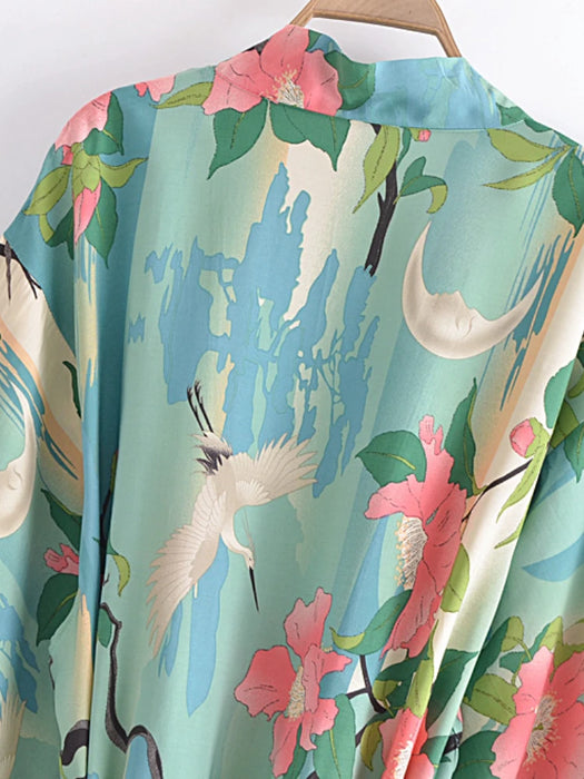 Vintage Green Crane Floral Print Rayon Cotton Sashes Bohemian Kimono Robe Women V Neck Batwing Sleeves Boho Bikini Cover-ups