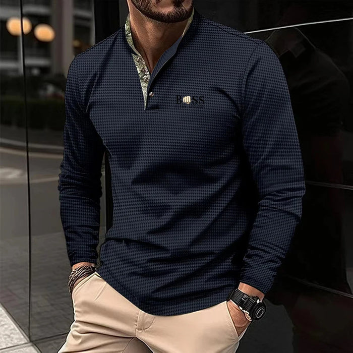 New men's autumn and winter leisure printed long sleeve POLO shirt High quality lapel button down T-shirt European size long sle
