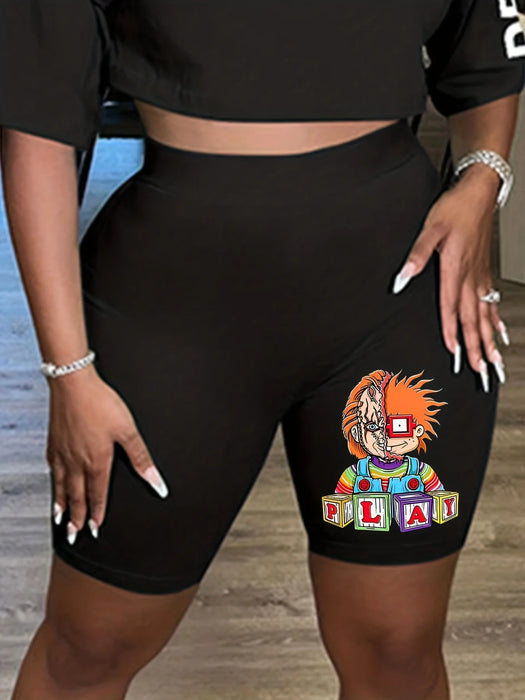 Plus Size Women's Casual Shorts, Summer Plus Cartoon Figure Printing High Rise High Elasticity Shorts Sports Leggings