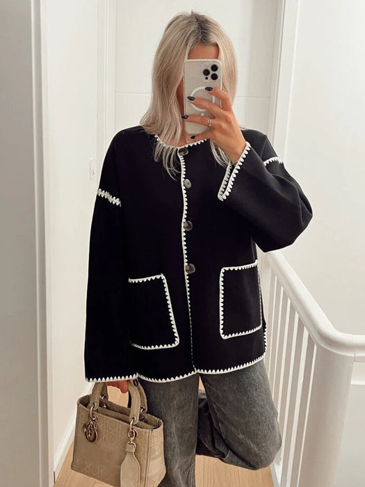 Women Round Neck Patchwork Coat Long Sleeve Single Breasted Pocket Jackets 2023 Autumn Fashion Female Streetwear Outwears