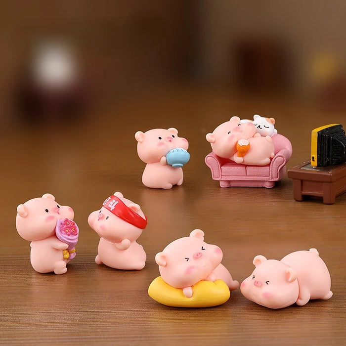 6pcs/set Cute Mini Pig Figurine Animal Doll Toy Model Statue Miniatures Items Fairy Bonsai Home Garden Ornaments Outdoor Decors