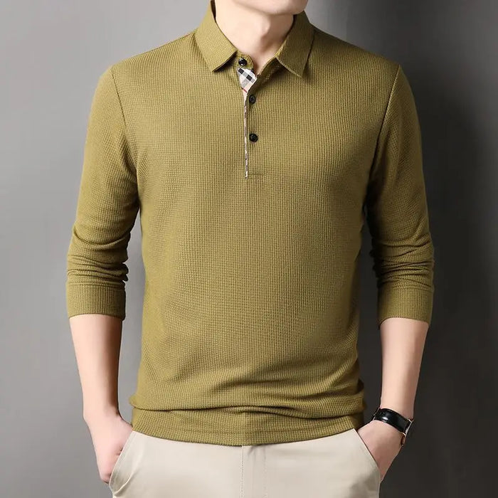 Men Fashion Long Sleeve Solid Casual Polo Shirts Spring Autumn Loose Streetwear Male Clothes Lapel Plaid Business Office Tops