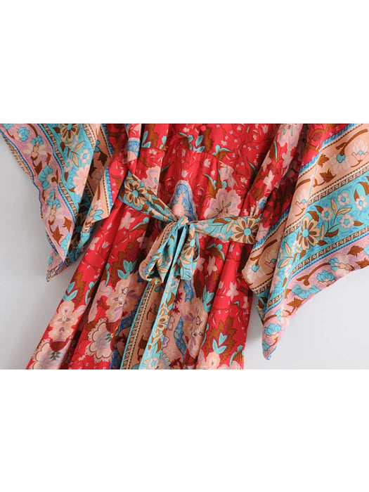 Vintage chic women red floral print bat sleeve beach Bohemian dresses Kimono  Ladies V neck sashes Boho maxi dress vestidos