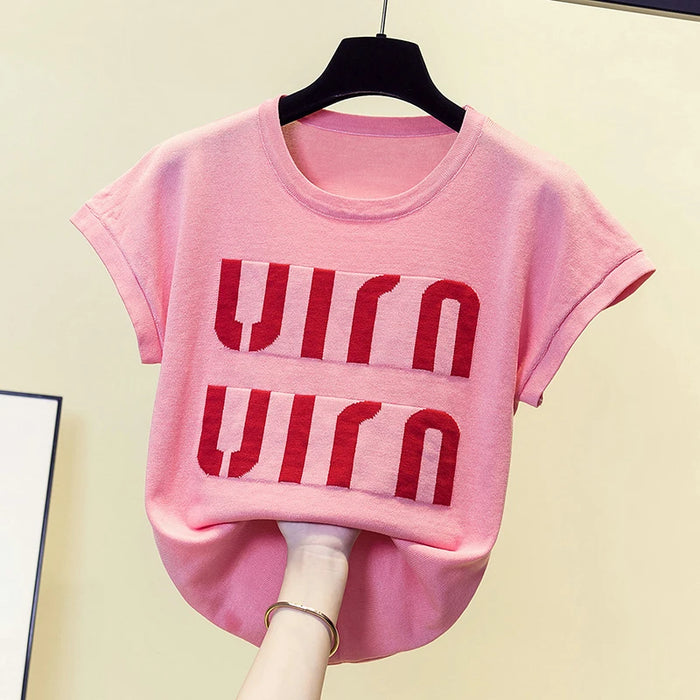 Summer Plus Size Women Pullover Sweater Thin Rib Knitted Female Letter Print Tops Oversize Jumper Short Sleeve Sueters De Mujer