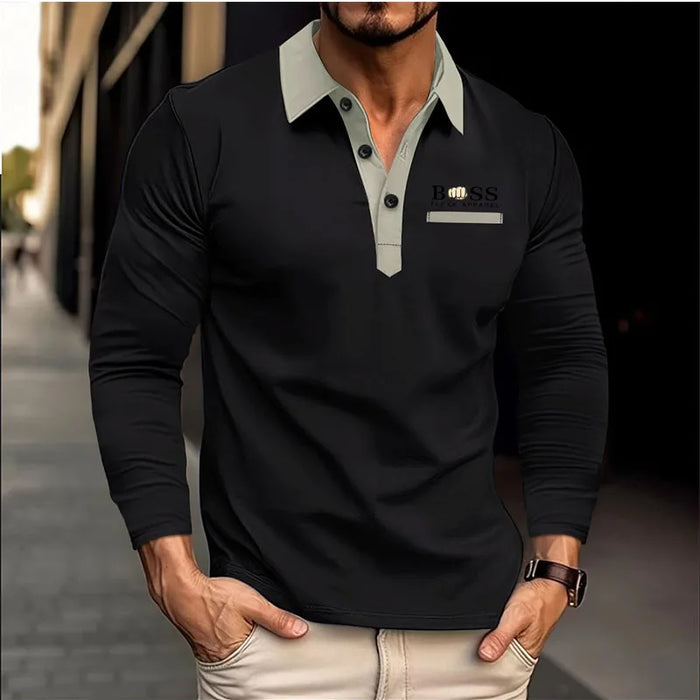 New men's autumn and winter leisure printed long sleeve POLO shirt High quality lapel button down T-shirt European size long sle