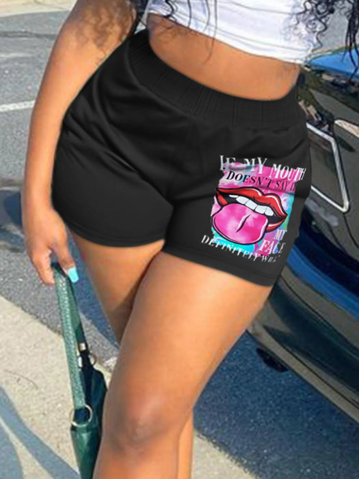 LW Plus Size Lip Letter Print High Waist Black Shorts Women Summer Streetwear Style Outfits Stretch Workout Gym Shorts