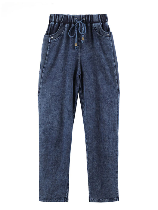 LIH HUA Women's Plus Size Jeans Autumn Chic Elegant Jeans For Chubby Women Cotton Knitted Jeans