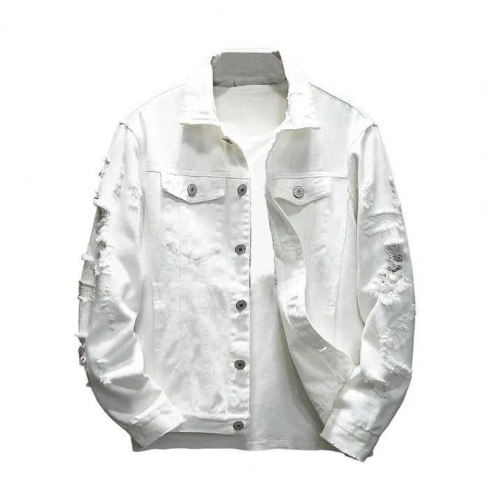 Men Jean Jacket Popular Men Jacket Ripped Hole Daily Wear Male Single Breasted Pockets Jacket