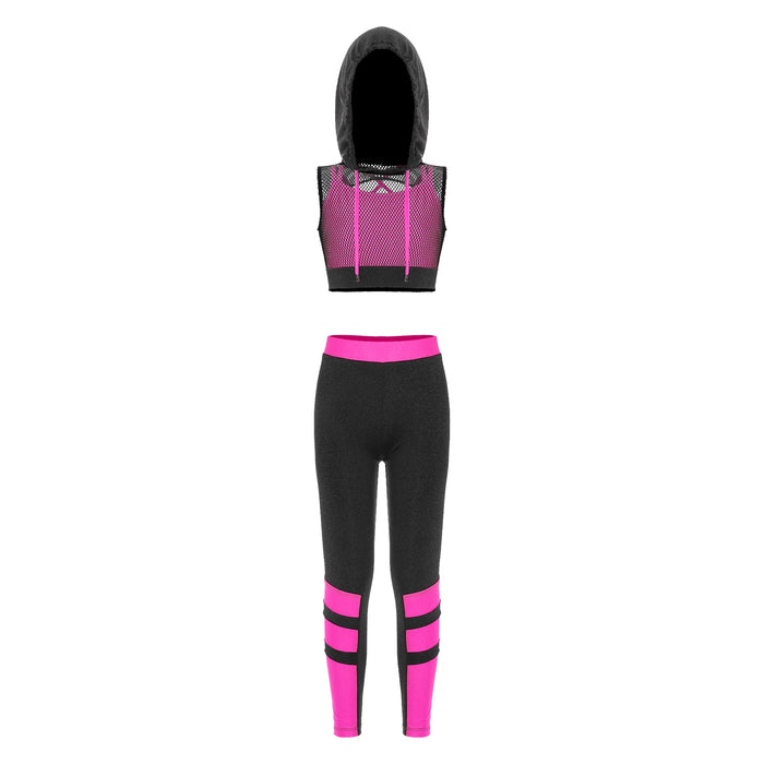 Girls Hip Hop Dance Sports Sets Kids Hooded Net Cover Up Crop Tops Vest And Pants Suit Fashion Jazz Modern Street Dance Costumes