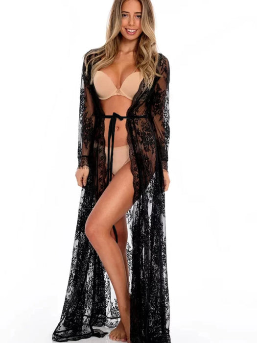 Vintage Chic Women Bat Sleeve Loose Beach Floor Length Bohemian Kimono Dress Ladies V Neck Sashes Lace Summer Boho Robe