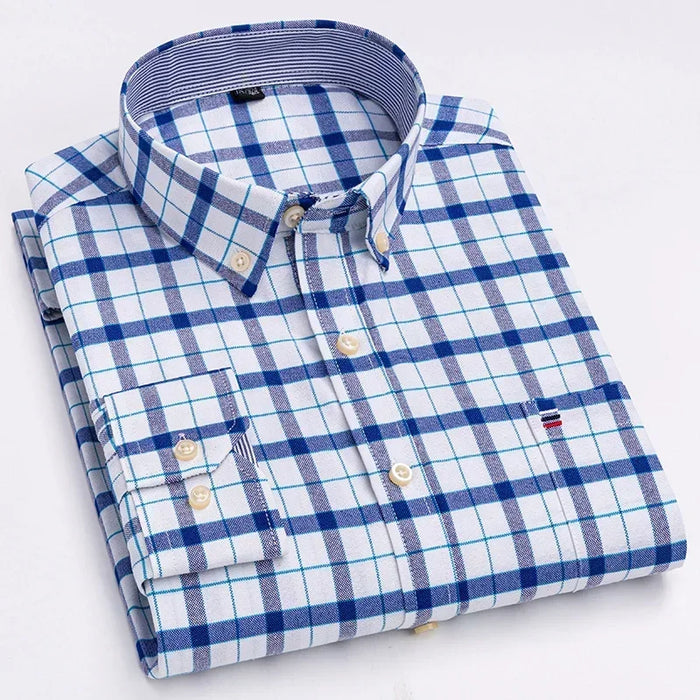 2023 Oxford Men Fashion 100% Cotton Thin Long Sleeve Casual Slim Solid Color Plaid Print Stripe Formal Dress Shirt Plus 7XL 6XL