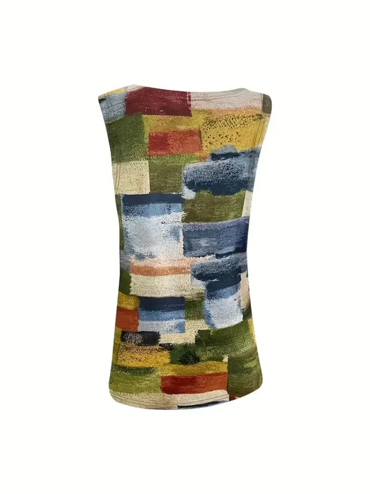 Plus Size Geometric Print Sleeveless Tank Tops & Camis with Button Detail  Polyester Crew Neck Vest for Women  Casual Knit Fabri