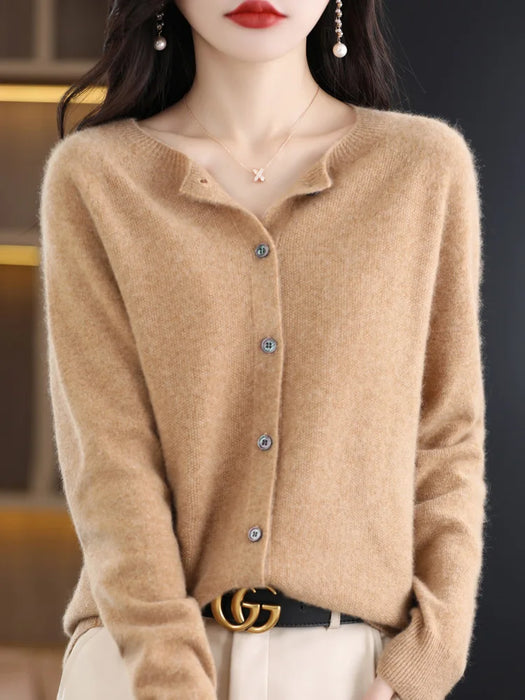New Fashion Spring 100% Pure Merino Wool Womens O-neck Cardigan Cashmere Sweater 2024 Female Clothing Grace Knitwear Korean Tops