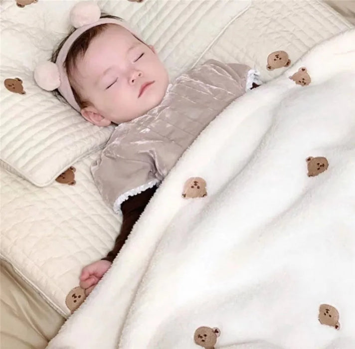 Baby Blanket Soft Fleece Cartoon Bear Embroidery Infant Quilt Blanket Newborn Baby Swaddle Sleeping Blanket Stroller Blanket
