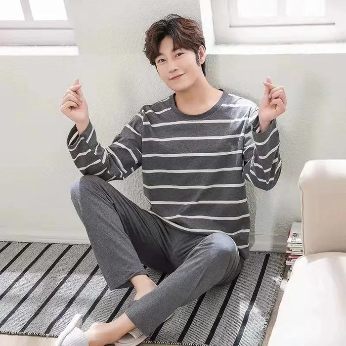 New Arrival Pajamas Men's Cotton Long-sleeved Striped Spring and Autumn Men's Teen Winter Homewear 2-Piece Suit
