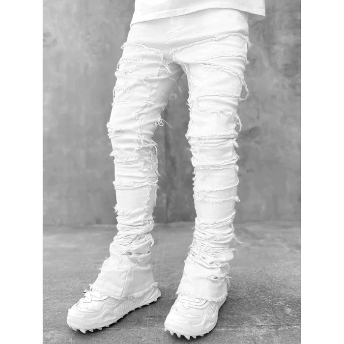 E15E Mens Stacked Jeans Fit Ripped Jeans Destroyed Straight Denims Pants Vintage Hip Hop Trouser Streetwear
