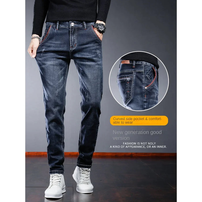 Winter Men's Pants Brushed Denim Slim Jeans Streetwear Skinny Ripped Velvet Boots Cut Korean Fashion Streetwear 90s Trousers Man