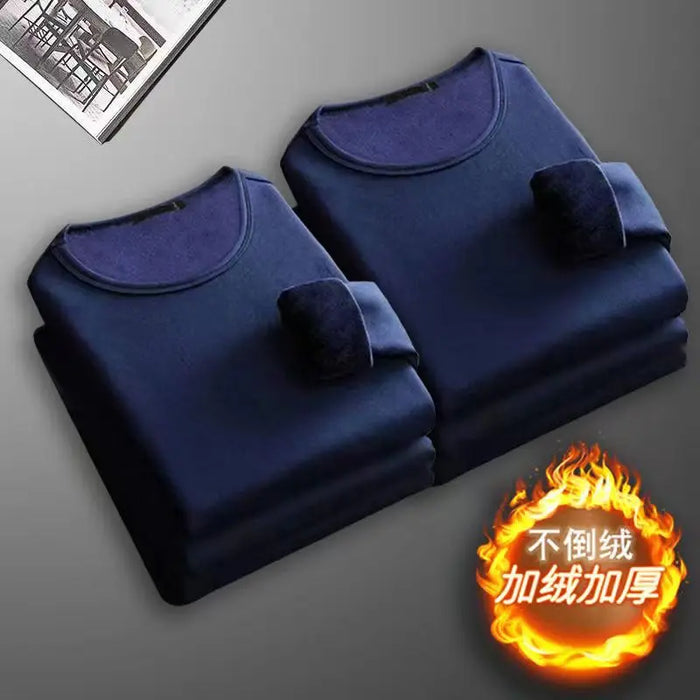 2Pcs Mens Underwear Winter Men's Long-sleeved Thermal Underwear Plus Velvet Padded T-shirt Round Neck Slim Bottoming Shirt