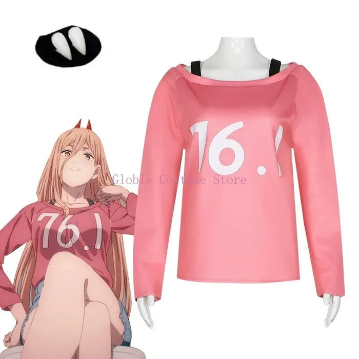 Anime Chainsaw Man Power Wig Cosplay Costume Makima Power Wigs Props Horns Teeth Power T-Shirt