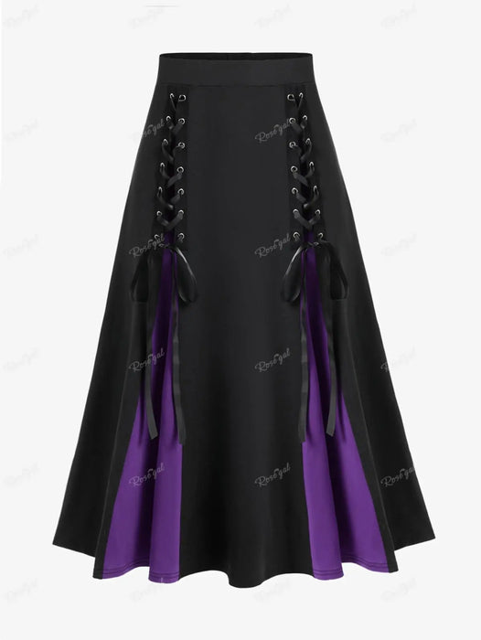 ROSEGAL Plus Size Gothic Lace Up Skirts Black Red Purple Colorblock Elastic Waisted A Line Skirt Cozy Basic Bottoms For Women 4X