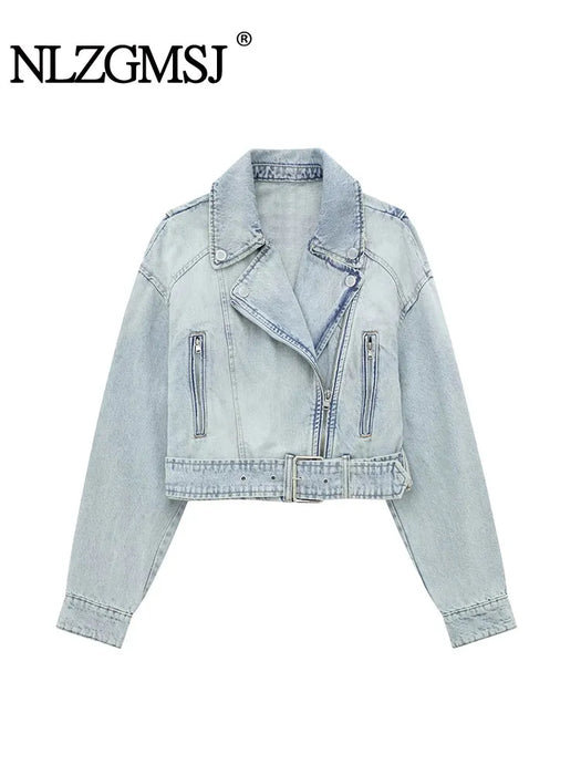Nlzgmsj TRAF Women's Fashion Denim Biker Jacket Women Vintage Lapel Long Sleeve Zipper Belt Female Chic Coat