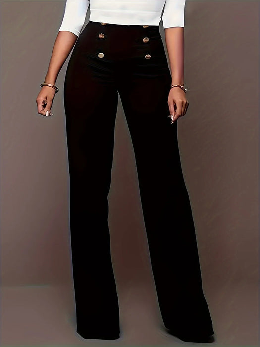 Plus Size Casual Pants, Women's Plus Solid Button Decor High Rise Elastic Straight Leg Pants