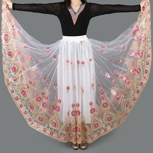 Embroider Chinese Traditional Dance Skirt for Women National  Spanish Flamenco Skirts Vintage Tibetan Dancewear Folk Outfit