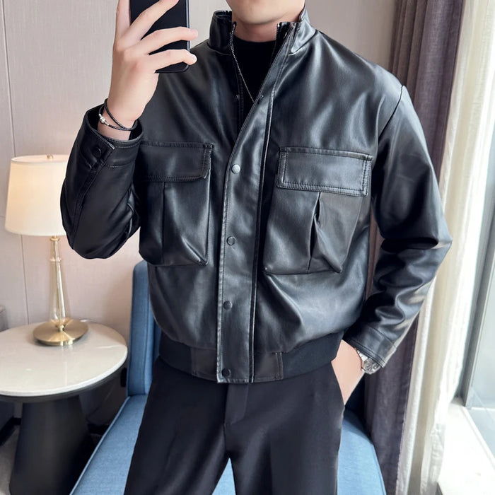 Autumn Winter Men's Leather Jacket 3D Pocket Solid Motocycle Bomber Coat Highstreet