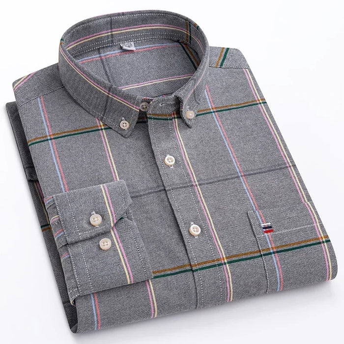 2023 Oxford Men Fashion 100% Cotton Thin Long Sleeve Casual Slim Solid Color Plaid Print Stripe Formal Dress Shirt Plus 7XL 6XL