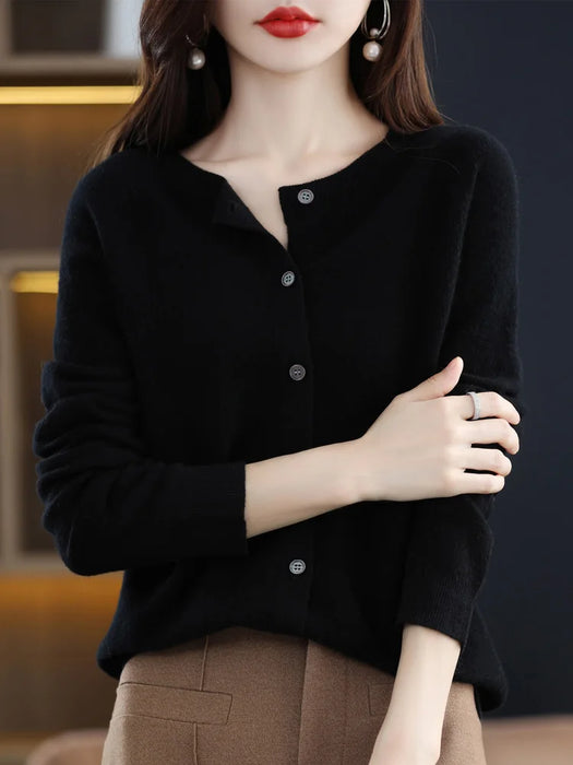 New Fashion Spring 100% Pure Merino Wool Womens O-neck Cardigan Cashmere Sweater 2024 Female Clothing Grace Knitwear Korean Tops