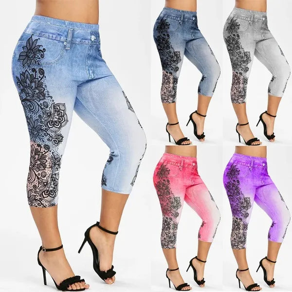 Women's Printed Denim Sportswear Leggings Oversized Hip Lifting Yoga Pants Plus Size Women Clothing  Plus Size Women Leggings