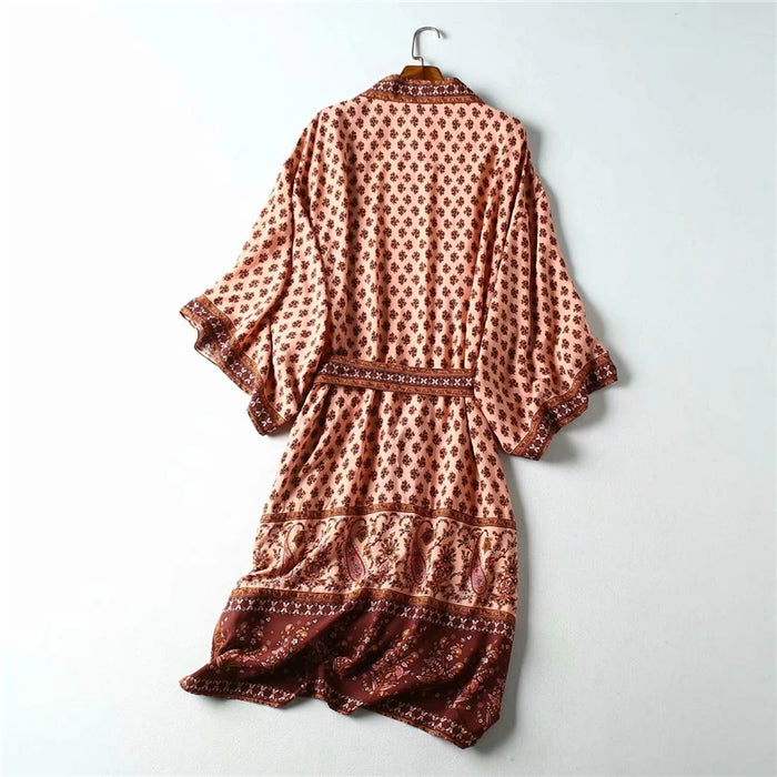 Vintage Chic Women Floral Print Sashes Happie Bohemian Kimono Ladies V Neck Batwing Sleeves Boho Maxi Robe Bikini Cover-up