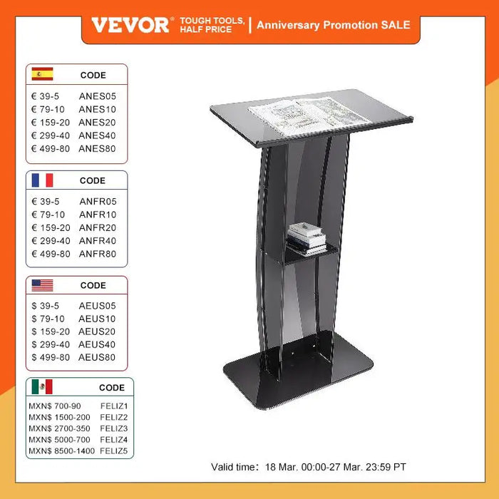VEVOR 47" Acrylic Podium Stand Floor-Standing Clear Pulpits Acrylic Desktop Lecterns W/ Storage Shelf  for Church Office School