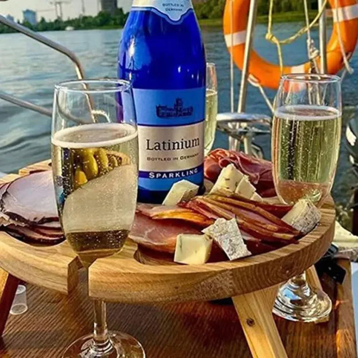 Wooden Outdoor Folding Picnic Table With Glass Holder Round Foldable Desk Wine Glass Rack Collapsible Table for Garden Party
