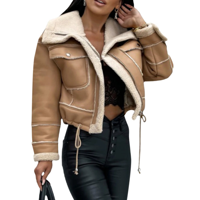 Women Faux Leather Biker Jacket with Faux Fur Trimmed Collar Vintage Moto Coat Warm Winter Outerwear