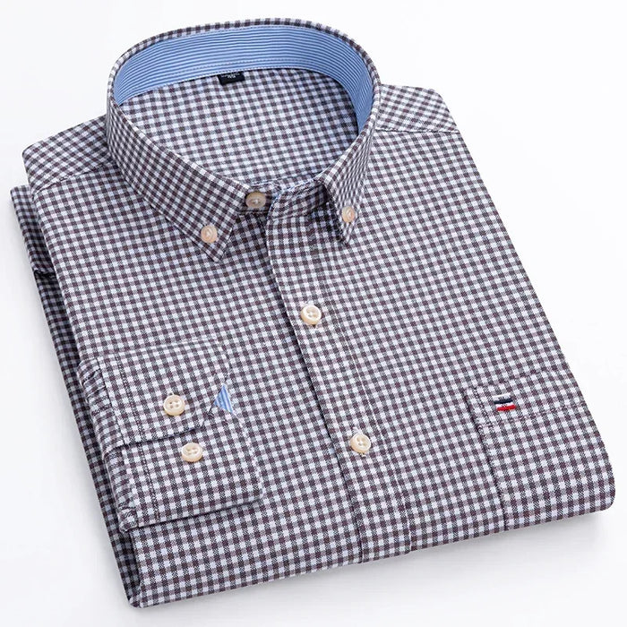2023 Oxford Men Fashion 100% Cotton Thin Long Sleeve Casual Slim Solid Color Plaid Print Stripe Formal Dress Shirt Plus 7XL 6XL