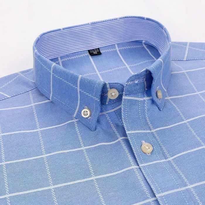 2023 Oxford Men Fashion 100% Cotton Thin Long Sleeve Casual Slim Solid Color Plaid Print Stripe Formal Dress Shirt Plus 7XL 6XL