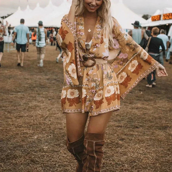 Happie Queens Women Floral Print Sashes Bat Sleeve Beach Bohemian Kimono Dresses Ladies V Neck  Summer Bikini Boho Cover-ups