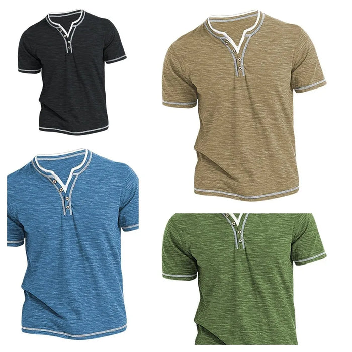 Men's Plain Henley Shirt Round Neck T-shirt Summer Comfortable Cotton Fashion Short Sleeve Casual Street Wear Sports Top Basic