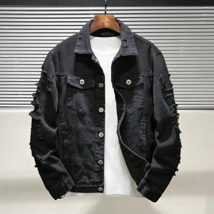 Men Jean Jacket Popular Men Jacket Ripped Hole Daily Wear Male Single Breasted Pockets Jacket