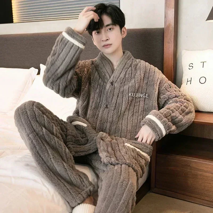 2024 Men's Warm Pajama Sets Autumn Winter Thick 2 Piece Set Flannel Sleepwear Loose Long Sleeve Solid Homewear Home Clothes Sets