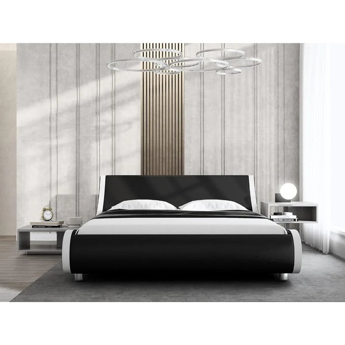 Upholstered queen platform bed frame modern low-profile sleigh bed with faux leather headboard for easy assembly