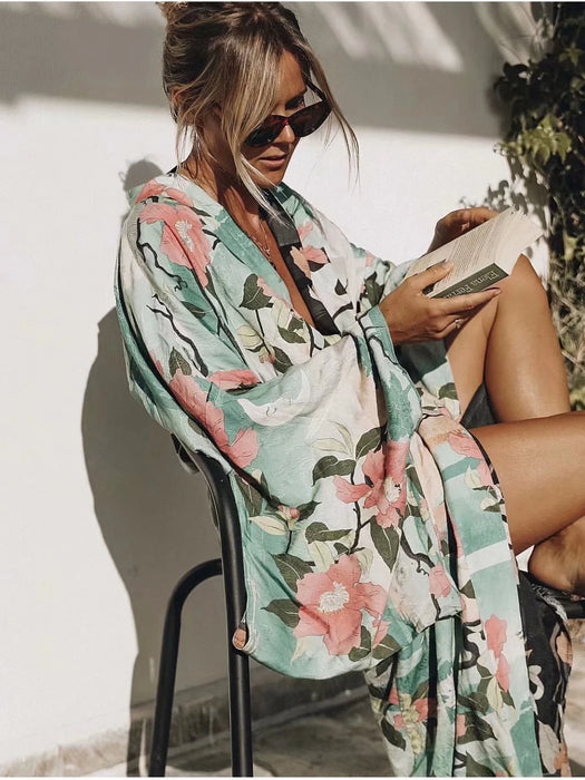 Vintage Green Crane Floral Print Rayon Cotton Sashes Bohemian Kimono Robe Women V Neck Batwing Sleeves Boho Bikini Cover-ups