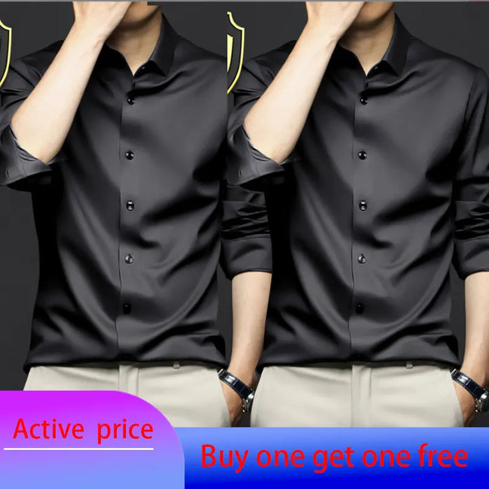 6XL Spring/Summer Formal Men's Fashion long-sleeved shirt Luxury wrinkle-proof non-ironed solid color business casual ice silk
