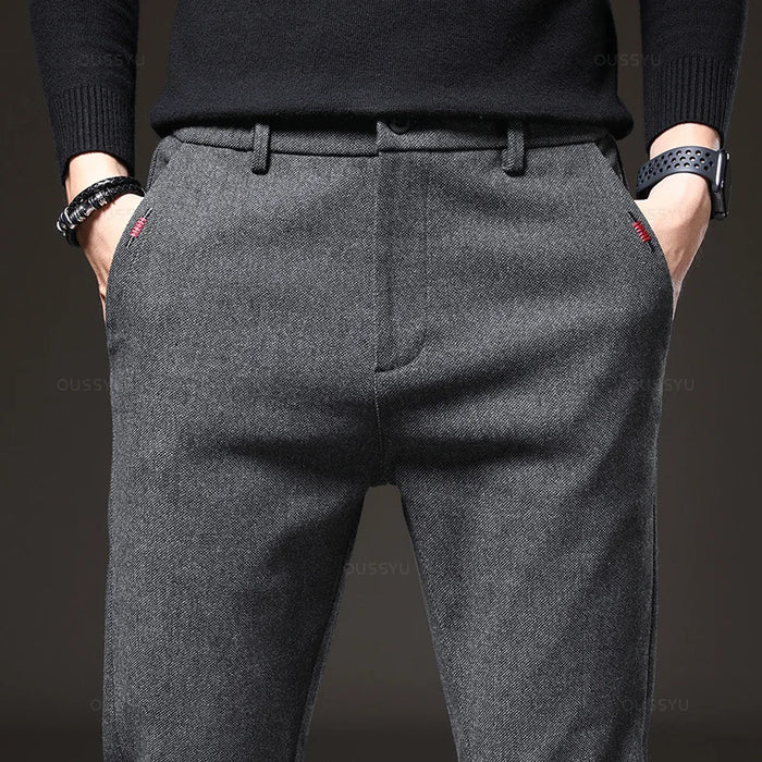 Four Seasons Men's Brushed Fabric Casual Pants Business Fashion Slim Fit Stretch Thick Gray Blue Black Cotton Trousers Male