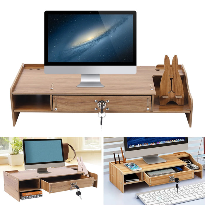 Wooden Desk Organizer W/ Drawer File Storage Desk Monitor Riser Computer Stand