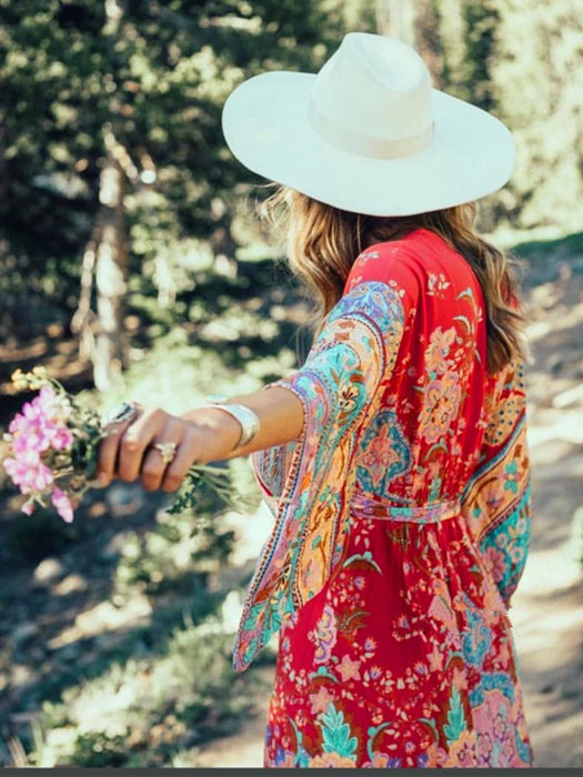 Vintage chic women red floral print bat sleeve beach Bohemian dresses Kimono  Ladies V neck sashes Boho maxi dress vestidos