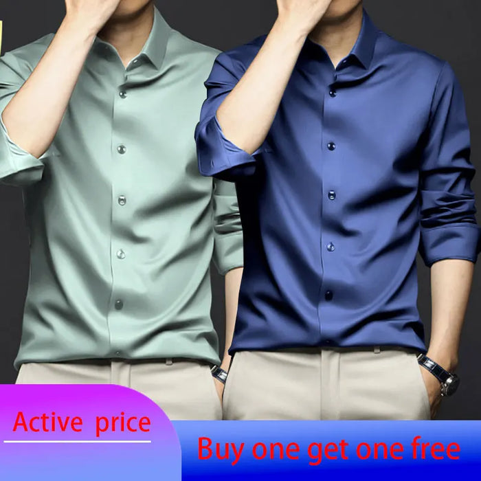6XL Spring/Summer Formal Men's Fashion long-sleeved shirt Luxury wrinkle-proof non-ironed solid color business casual ice silk