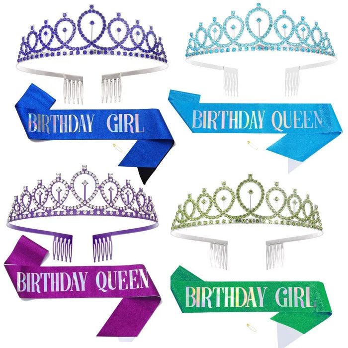Bling Rhinestone Crystal Crown Tiara Birthday Anniversary Decoration Happy 18 21 30 40 50th Birthday Satin Sash Party Supplies
